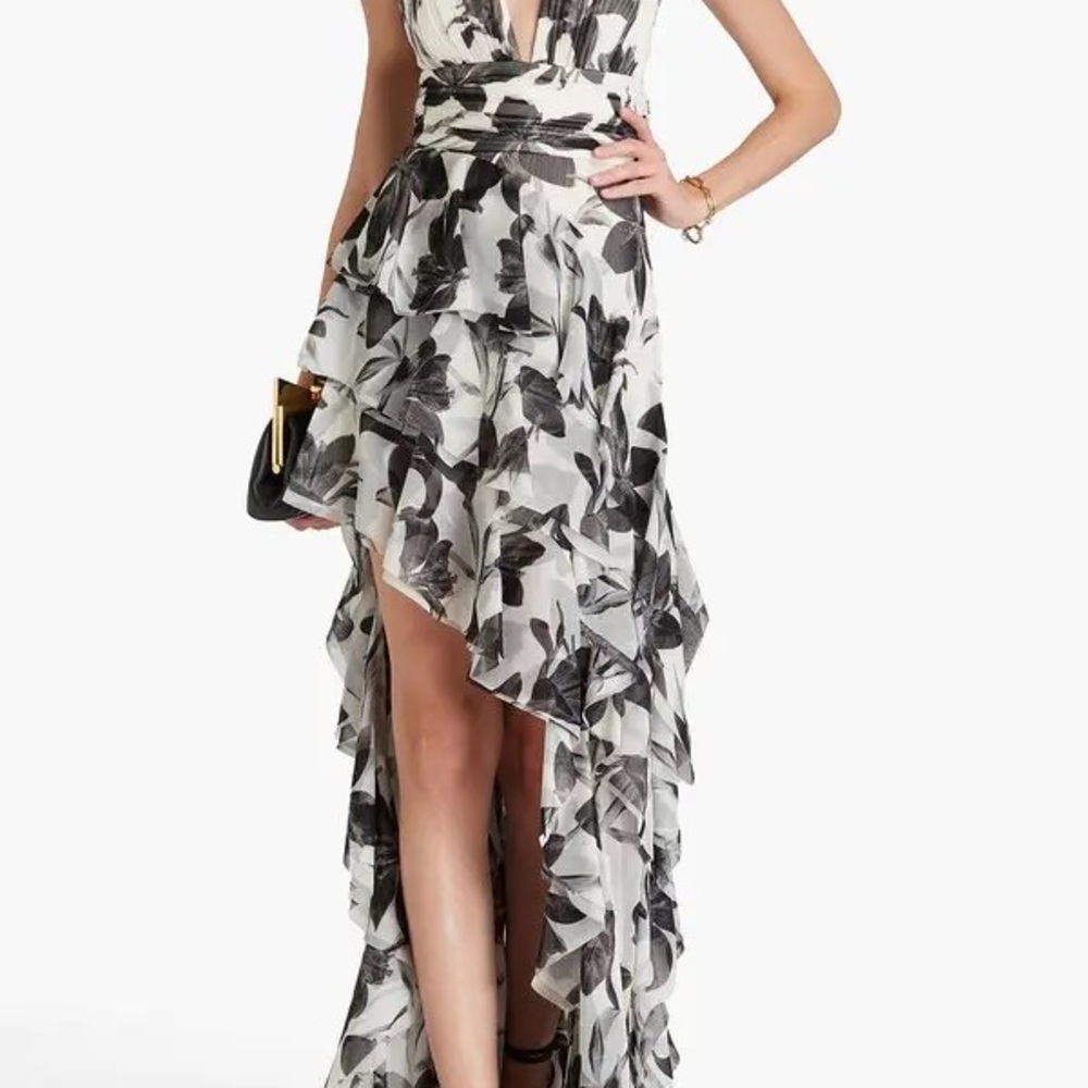 Alice + Olivia Holly Low Neck Asymmetric Ruffled Maxi Dress